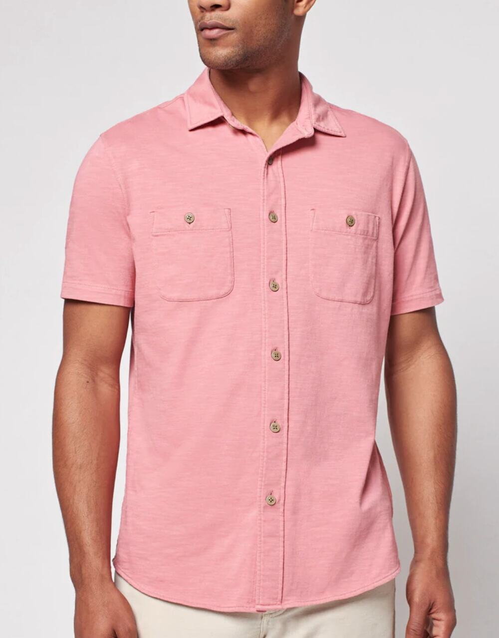 Faherty Men's Knit Short Sleeved Seasons Shirt in Faded Flag Coral Size Small S